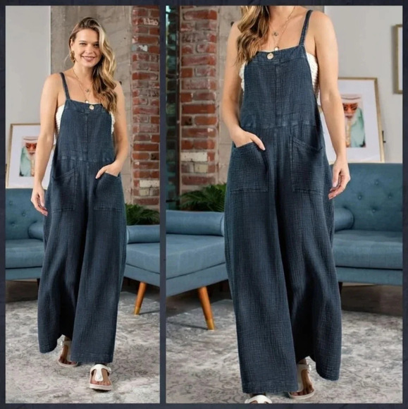 New! Easel Faded Denim Blue Washed Cotton Jumpsuit Overalls - Picture 5 of 5